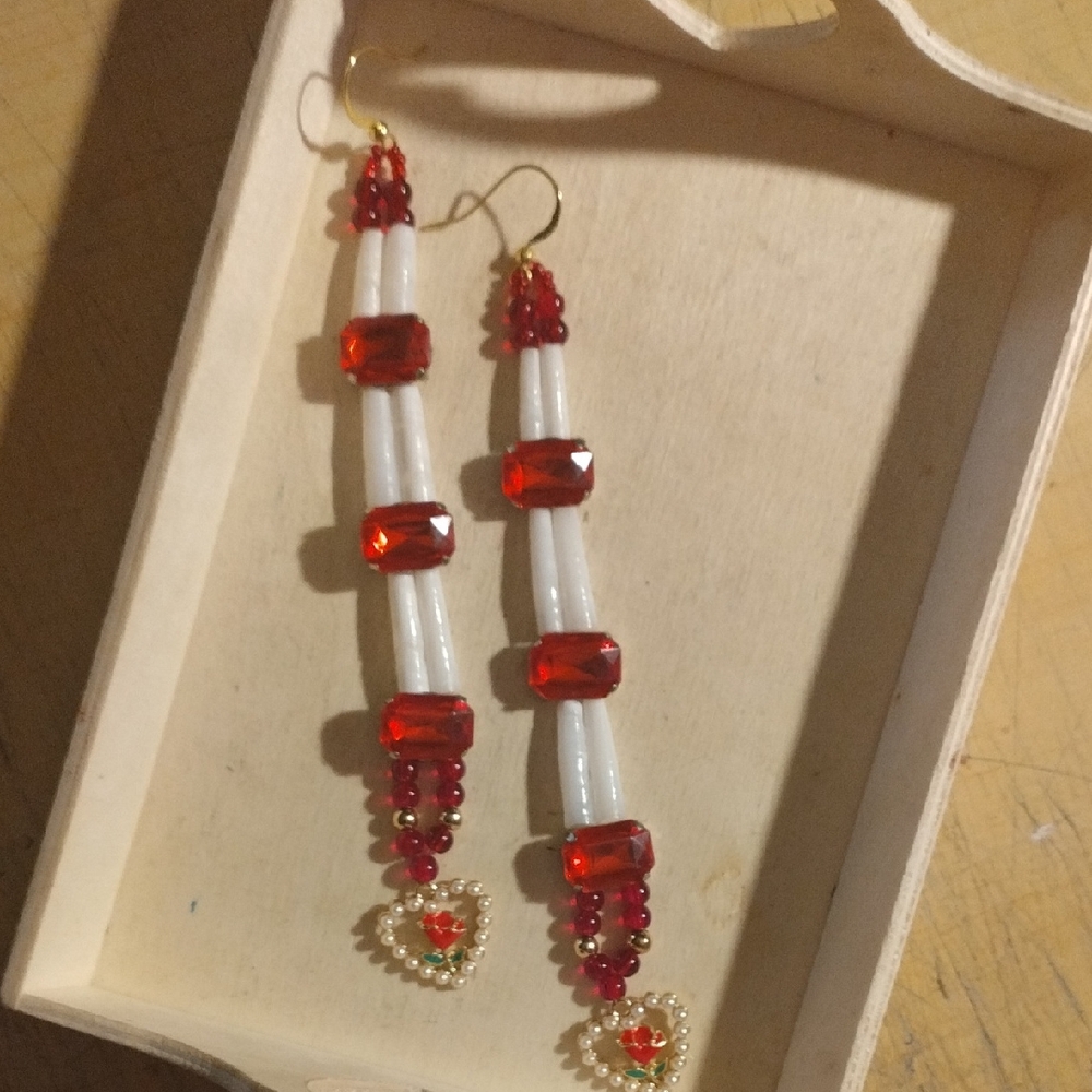 Elegant Red and White  Dentalium Shell Beaded Earrings* Native Made